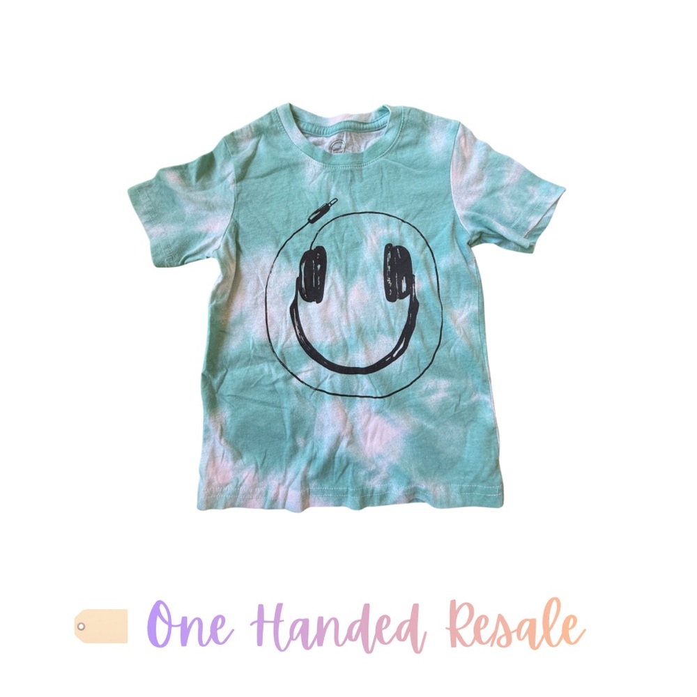 🎧 Wonder Nation Kids Aqua Green Tie-Dye Headphone Smiley Graphic Tee XS (4-5)